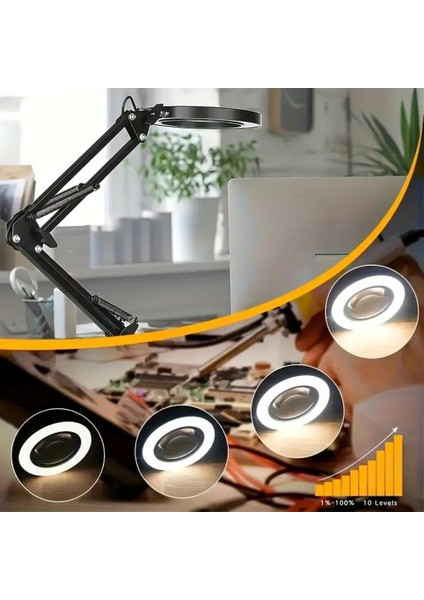 10X Büyüteçli LED Masa Lambası 3 Işık Modlu Masa Üstü Katlanabilir Kollu Bakım Onarım Güzellik Okuma