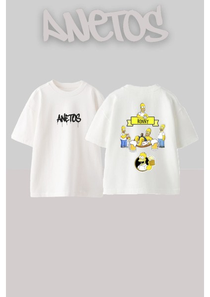 Simson Tasarım Sırt Baskılı Pamuk Beyaz Oversize T-Shirt