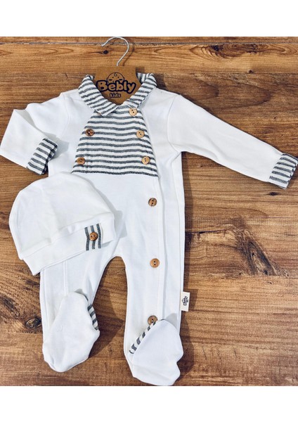 Çizgili Ahşap Düğmeli Tulum