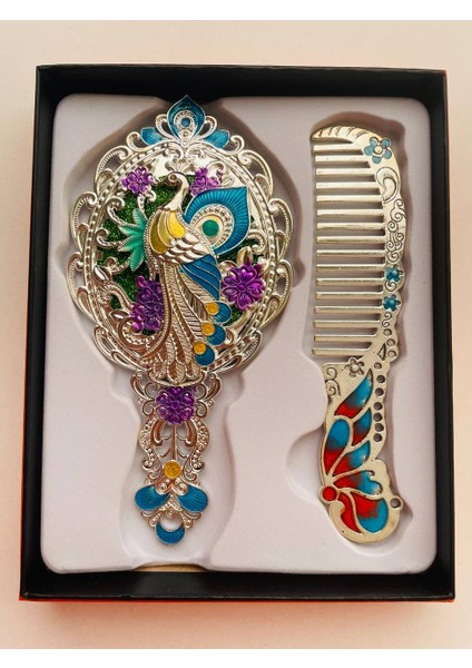 Ayna Tarak Seti, Kutulu-Metal-Hediyelik Takım, 13CM Aynalı Saç Fırçası, Tavuskuşu Figürlü