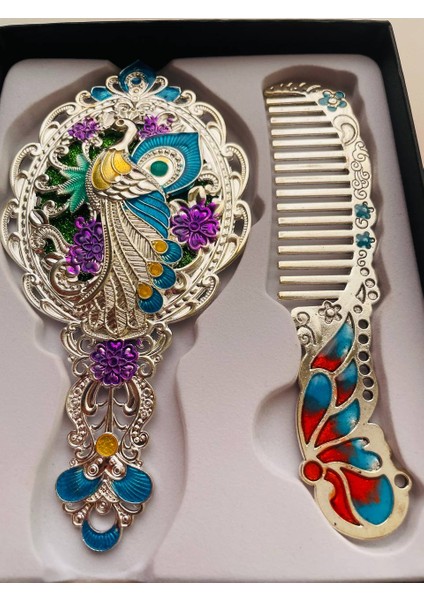 Ayna Tarak Seti, Kutulu-Metal-Hediyelik Takım, 13CM Aynalı Saç Fırçası, Tavuskuşu Figürlü fiyatları