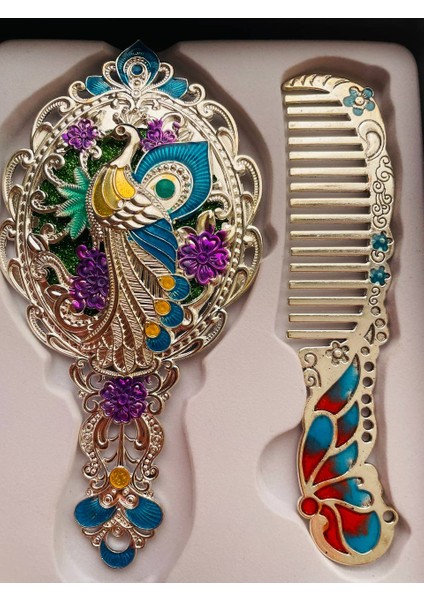 Ayna Tarak Seti, Kutulu-Metal-Hediyelik Takım, 13CM Aynalı Saç Fırçası, Tavuskuşu Figürlü modelleri