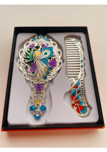 Ayna Tarak Seti, Kutulu-Metal-Hediyelik Takım, 13CM Aynalı Saç Fırçası, Tavuskuşu Figürlü fırsatları