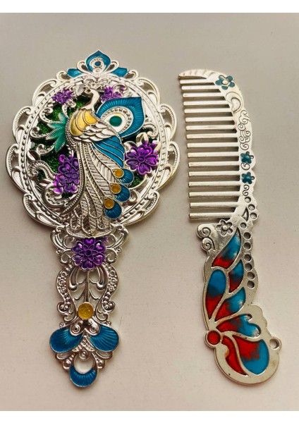 Ayna Tarak Seti, Kutulu-Metal-Hediyelik Takım, 13CM Aynalı Saç Fırçası, Tavuskuşu Figürlü