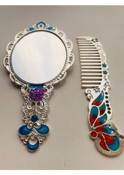 Ayna Tarak Seti, Kutulu-Metal-Hediyelik Takım, 13CM Aynalı Saç Fırçası, Tavuskuşu Figürlü