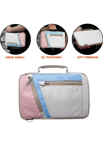 Huawei Matepad Air 2025 Tablet Için Omuz Askılı El Tutacaklı Universal Sleeve Taşıma Çantası AL4346 Pembe Mavi Krem