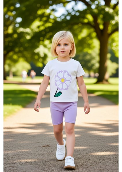 Kız Çocuk Pamuklu Bisiklet Yaka Kısa Kollu Üst ve Tayt Seti Kaliteli Şık Rahat