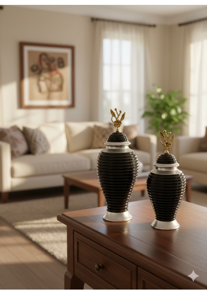 Siyah Gümüş Renk 2'li Lüks Dekoratif Küp Seti | 45-30 cm Seramik Ev Aksesuarı modelleri