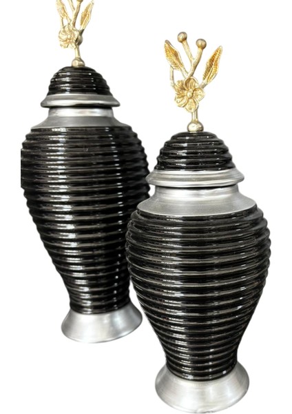 Siyah Gümüş Renk 2'li Lüks Dekoratif Küp Seti | 45-30 cm Seramik Ev Aksesuarı