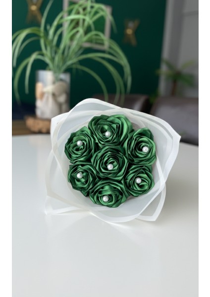 7'li Yeşil Incili Solmayan Gül Buketi, Saten Çiçek, Arkadaşa Hediye