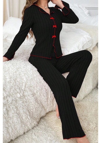 Marsilyan- Kadın Siyah Kırmızı Biyeli ve Fiyonklu Uzun Kollu Mevsimlik Pijama Takımı modelleri