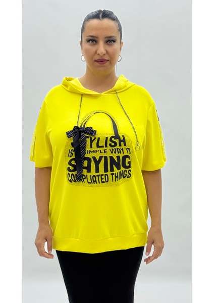 Büyük Beden Fiyonklu Taşlı Fermuarlı Kol Detaylı Oversize Kısa Kol Kadın Bluz