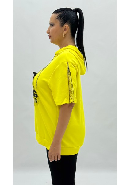 Büyük Beden Fiyonklu Taşlı Fermuarlı Kol Detaylı Oversize Kısa Kol Kadın Bluz modelleri