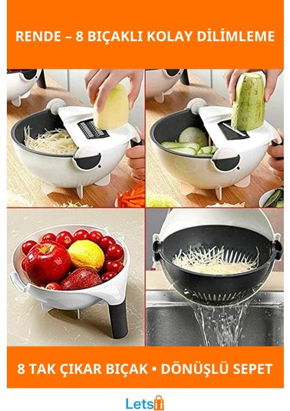 Döner Pratik Mutfak Rendesi 8 Farklı Bıçakla Sebze Meyve Rendeleme Aleti