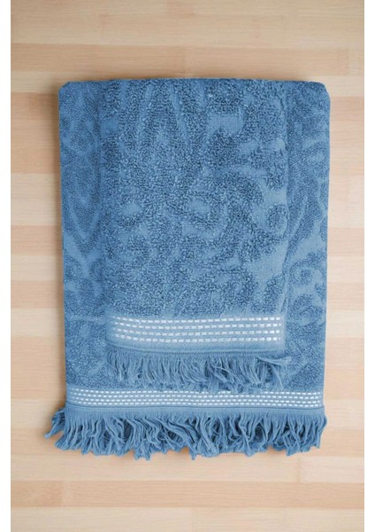 2 Parça Jakarlı Banyo Havlu Takımı &AMP;#37;100 Pamuklu 90X150 cm Arden Mavi