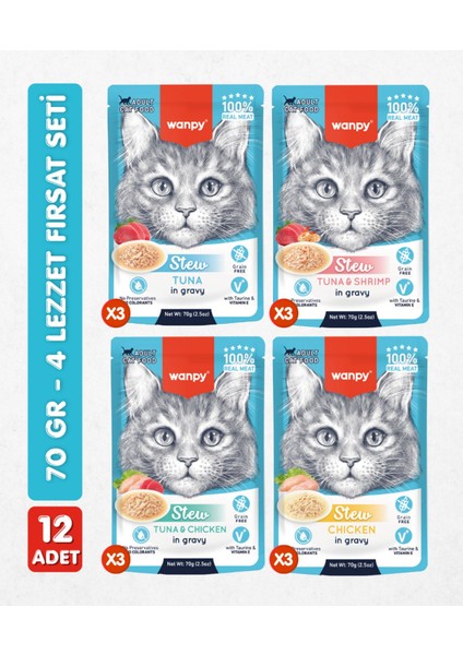 12LI Karışık Yetişkin Kedi Yaş Maması 4 Lezzet Premium Kalite 12 x 70 gr