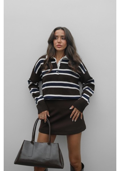 Acı Kahve Krem Çizgili Polo Yaka Kazak