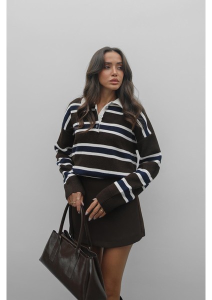 Acı Kahve Krem Çizgili Polo Yaka Kazak fiyatları