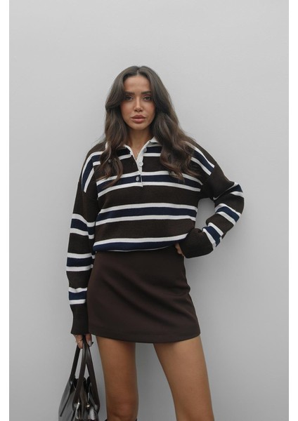 Acı Kahve Krem Çizgili Polo Yaka Kazak modelleri