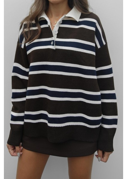 Acı Kahve Krem Çizgili Polo Yaka Kazak fırsatları