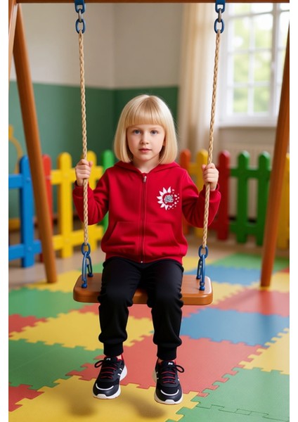 Kız Çocuk Sloganlı Fermuarlı Sweatshirt ve Eşofman Altı Kombinasyonu Kaliteli Şık Rahat