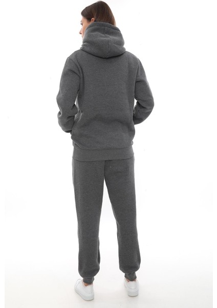 Kadın Kapüşonlu Kanguru Cep Şardonlu 3 Iplik Kışlık Içi Polarlı Günlük Eşofman Takım