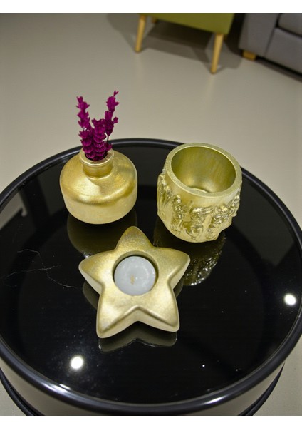 Gold 3’lü Dekoratif Mumluk ve Vazo Seti, Şık Masa Üstü Dekor, (Mum ve Lavanta Dahil), Ev Dekoru