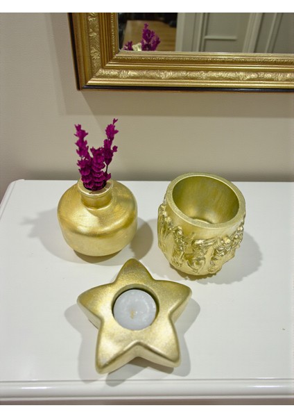 Gold 3’lü Dekoratif Mumluk ve Vazo Seti, Şık Masa Üstü Dekor, (Mum ve Lavanta Dahil), Ev Dekoru fiyatları