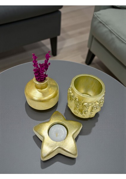 Gold 3’lü Dekoratif Mumluk ve Vazo Seti, Şık Masa Üstü Dekor, (Mum ve Lavanta Dahil), Ev Dekoru modelleri
