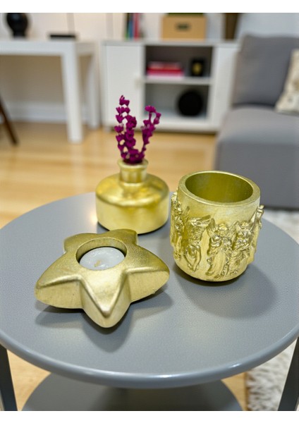 Gold 3’lü Dekoratif Mumluk ve Vazo Seti, Şık Masa Üstü Dekor, (Mum ve Lavanta Dahil), Ev Dekoru fırsatları