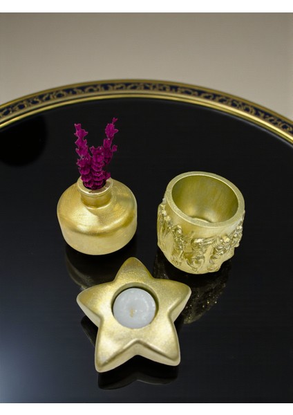 Gold 3’lü Dekoratif Mumluk ve Vazo Seti, Şık Masa Üstü Dekor, (Mum ve Lavanta Dahil), Ev Dekoru indirimleri