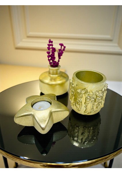 Gold 3’lü Dekoratif Mumluk ve Vazo Seti, Şık Masa Üstü Dekor, (Mum ve Lavanta Dahil), Ev Dekoru