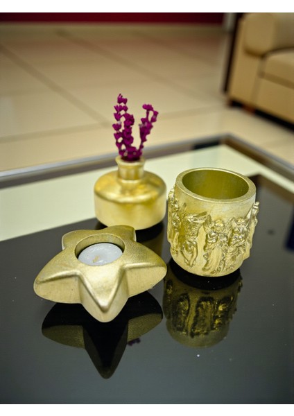 Gold 3’lü Dekoratif Mumluk ve Vazo Seti, Şık Masa Üstü Dekor, (Mum ve Lavanta Dahil), Ev Dekoru