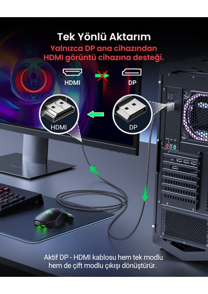 4K 60Hz Displayport To HDMI Örgülü Kablo, 1m, 15773 indirimleri