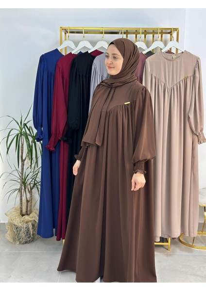 Sallı ,önü V Model Büzgülü Tesettür Elbise Takım ,ferrace,abaya, Hicab,hac ve Umre Için Uygun Kahve modelleri