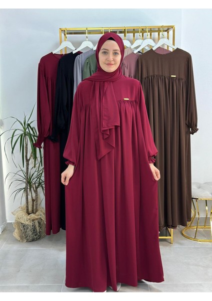 Şallı ve Üsten Robalı,kemerli Elbise Takım .hijap ,abaya (Hac ve Umre Için Uygundur) Bordo
