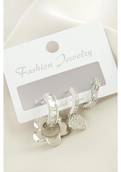 3 Adet Çiçek Zirkon Taşlı Küpe