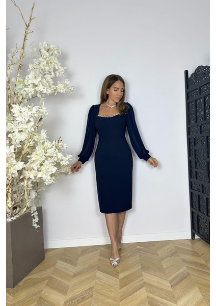 G1572 Yaka Detaylı Şifon Kol Abiye Elbise Lacivert