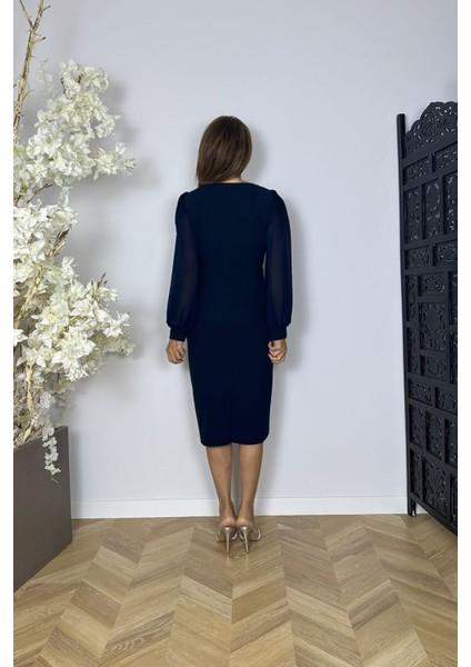G1572 Yaka Detaylı Şifon Kol Abiye Elbise Lacivert fiyatları