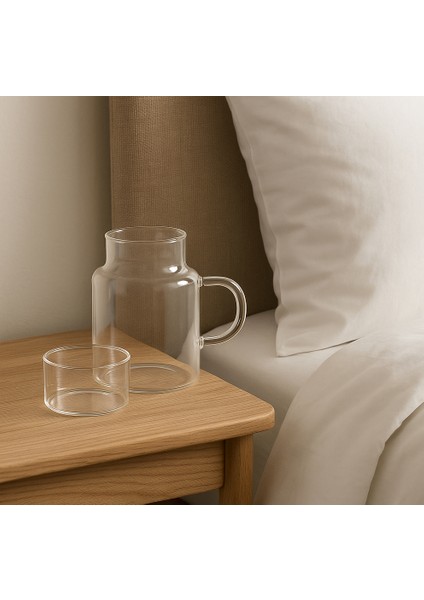 Borosilikat Cam Yatak Başı Sürahisi ve Bardak – 2’si 1 Arada Kapak Tasarımı, 600 ml