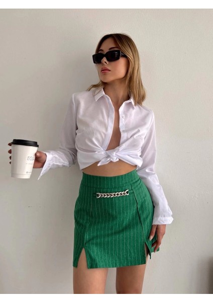 Zincir Detaylı Çizgili Şort Etek modelleri