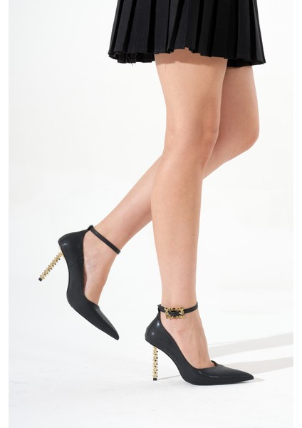 Kadın Siyah Neolit Tabanı Bilekten Tokalı Sivri Burunlu Işlemeli Topuklu Ayakkabı fiyatları