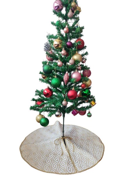 Yılbaşı Çam Ağacı Altı Örtüsü, Çam Ağacı Ayak Halısı Örtüsü, Beyaz Renk, Gold Varak Desenli, 65 cm