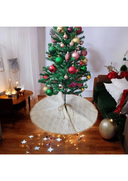 Yılbaşı Çam Ağacı Altı Örtüsü, Çam Ağacı Ayak Halısı Örtüsü, Beyaz Renk, Gold Varak Desenli, 65 cm fiyatları