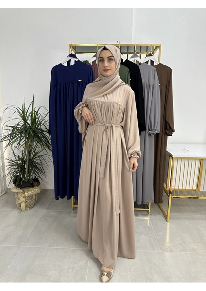 Şallı ve Üsten Robalı,kemerli Elbise Takım .hijap ,abaya (Hac ve Umre Için Uygundur) Bej