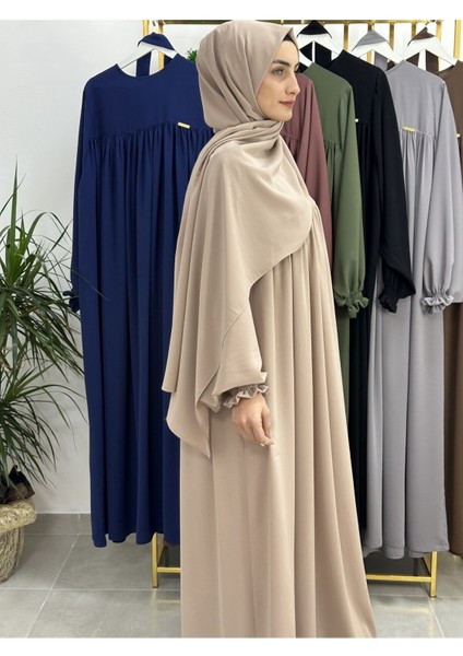 Şallı ve Üsten Robalı,kemerli Elbise Takım .hijap ,abaya (Hac ve Umre Için Uygundur) Bej
