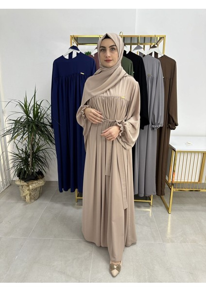 Şallı ve Üsten Robalı,kemerli Elbise Takım .hijap ,abaya (Hac ve Umre Için Uygundur) Bej