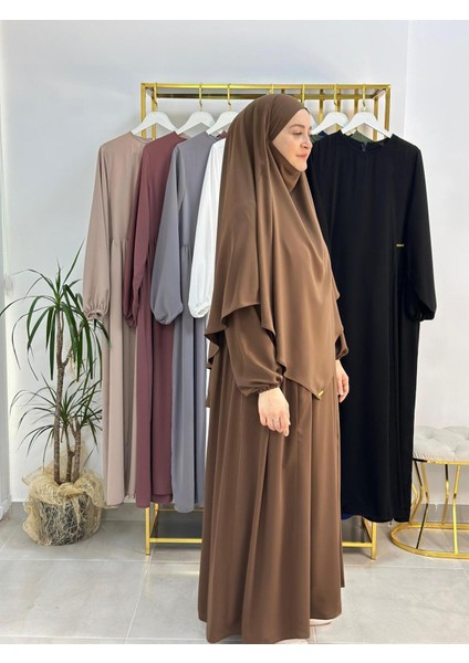 Yandan Büzgülü Elbise Sufle Esarp Takım Jilbab,abaya,hijab ( Hac ve Umre Için Uygundur) Kahve fiyatları