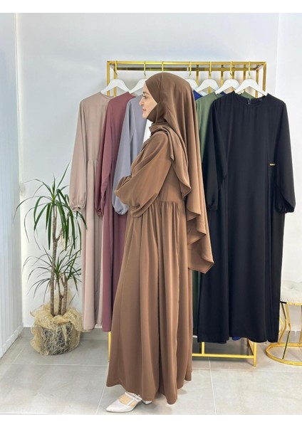 Yandan Büzgülü Elbise Sufle Esarp Takım Jilbab,abaya,hijab ( Hac ve Umre Için Uygundur) Kahve indirimleri