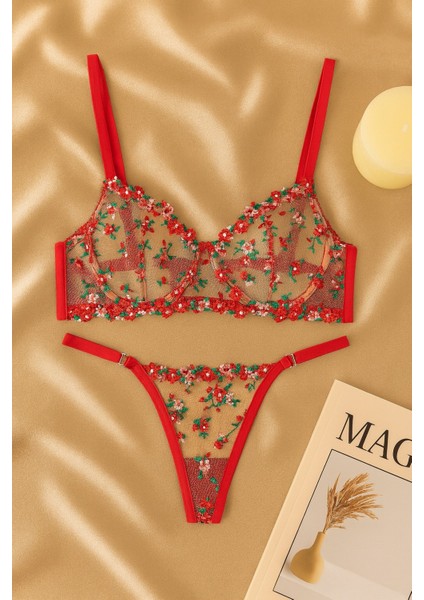 Kırmızı Çiçek Desenli Balenli Brode Sütyen Seti